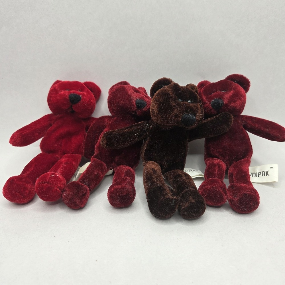 UNIPAK Mini Velvet Teddy Bears Lot of 4 Burgundy Brown Plush Stuffed